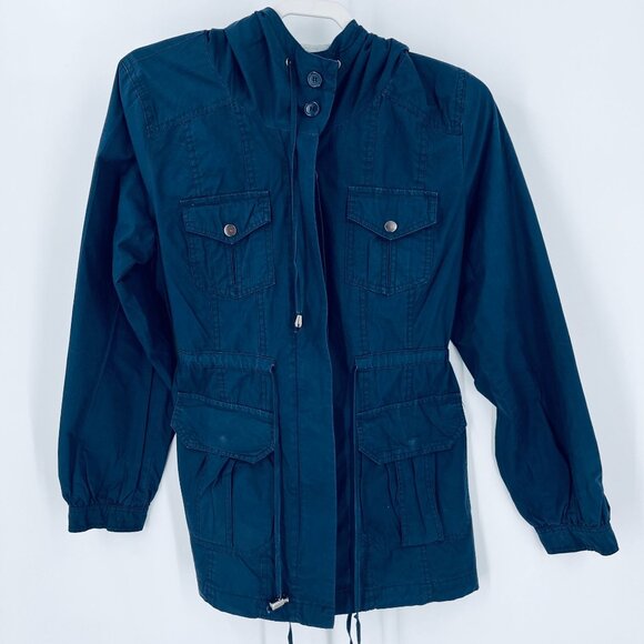 Forever 21 Ladies Military Jacket Hooded  Size M Blue Drawstring Waist Pockets - Picture 1 of 14